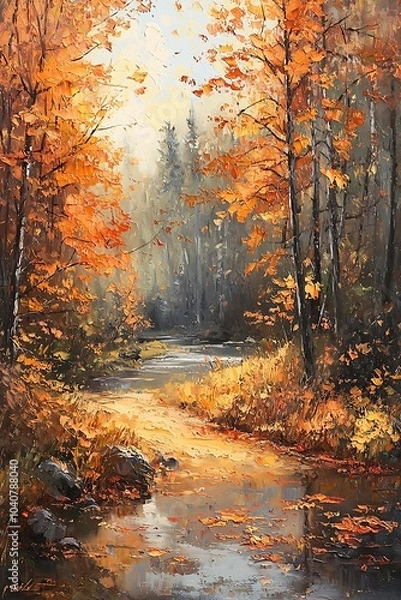 Fototapeta Oil painting depicting an autumn forest near a river, showcasing orange leaves and a tranquil scene.