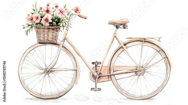 Fototapeta A vintage bicycle adorned with a basket of fresh flowers set against a neutral backdrop, showcasing a charming, rustic feel