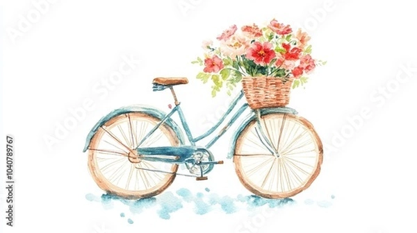 Fototapeta A vintage bicycle adorned with a basket of fresh flowers set against a neutral backdrop, showcasing a charming, rustic feel