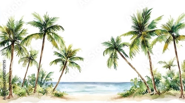 Fototapeta Lush palm trees swaying gently by the tranquil shoreline under a bright sky at a serene tropical beach