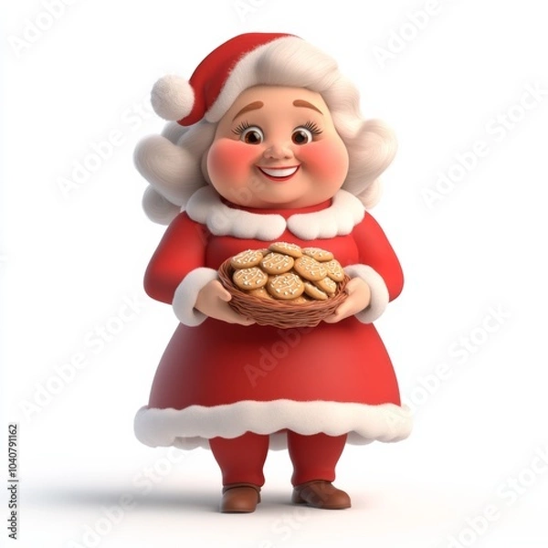 Fototapeta A warm-hearted 3D cartoon Mrs. Claus with a gentle smile and rosy cheeks in a traditional red dress with white fur trim, holding a batch of freshly baked cookies