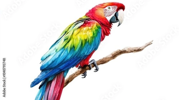 Fototapeta Vibrant scarlet macaw perched on a branch, showcasing stunning colors against a white background