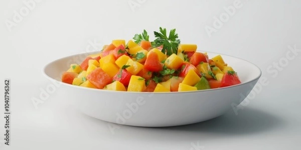 Fototapeta A sleek 3D depiction of a bowl of fresh mango salad, featuring vibrant colors and textures, isolated against a clean backdrop