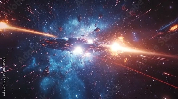 Fototapeta A futuristic spaceship streaks through a nebula, leaving trails of fire and light.