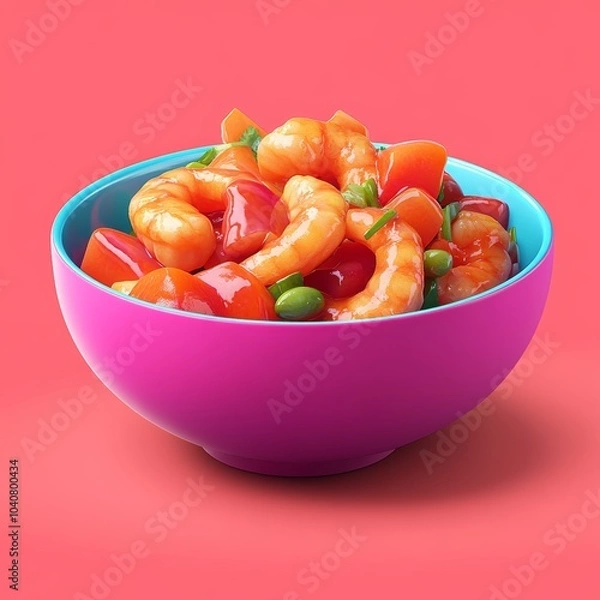Fototapeta A vibrant 3D icon of a bowl of sweet and sour shrimp, showcasing colorful ingredients, isolated against a bright backdrop