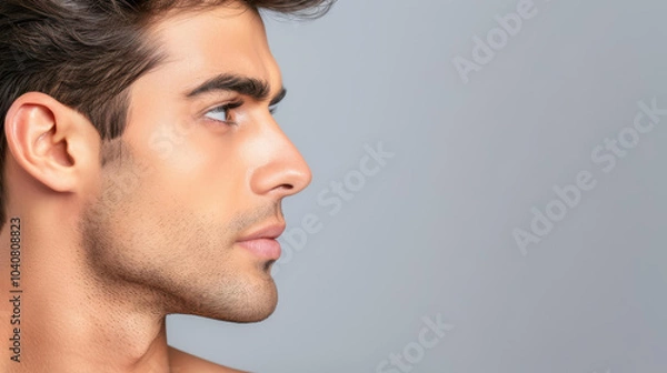 Obraz Young mans closeup shows the impact of botox. Explore the blend of beauty, selfcare, and health innovations.