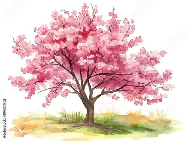 Fototapeta A watercolor painting of a cherry blossom tree in full bloom, with pink flowers and green leaves. The tree is set against a white background with a hint of yellow and green grass.