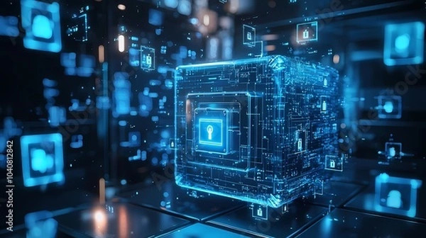 Fototapeta A Glowing Blue Cube with a Lock Icon on a Dark Circuit Board