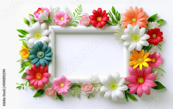 Fototapeta カラフルな花と白いフレーム