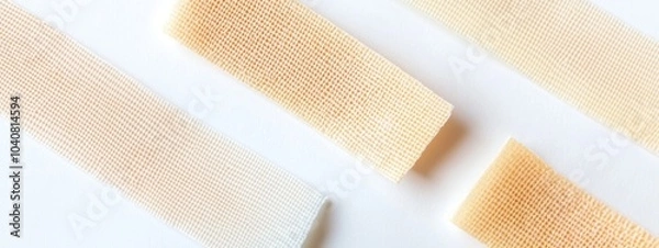 Fototapeta Medical Adhesive Bandages on Clean White Surface, showcasing the texture and design of bandages for first aid applications