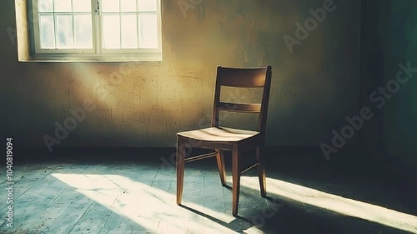 Fototapeta A Single Wooden Chair in a Room with Sunlight Streaming through a Window