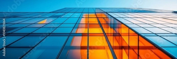 Fototapeta A close up of the glass facade of an office building with blue sky and orange reflections