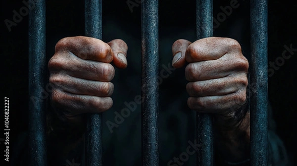 Fototapeta Close-up of two hands tightly gripping black metal prison bars in a dark setting, representing captivity, imprisonment, and restriction.