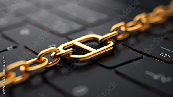 Obraz close up view of golden chain link resting on black keyboard, symbolizing connection between technology and security. This represents concept of blockchain technology