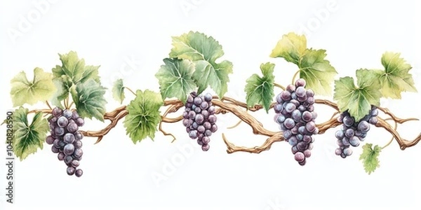 Fototapeta Watercolor illustration of a grape vine with green leaves and ripe purple grapes on a white background.