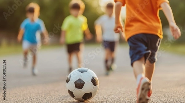 Fototapeta Children Playing Football on Summer Evening
