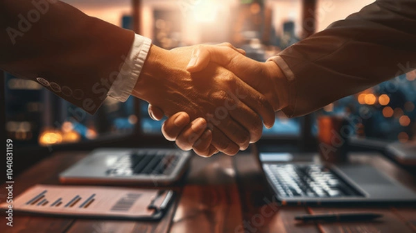 Fototapeta Business colleagues shaking hands in front of city skyline, symbolizing partnership and agreement. warm light creates positive atmosphere for collaboration