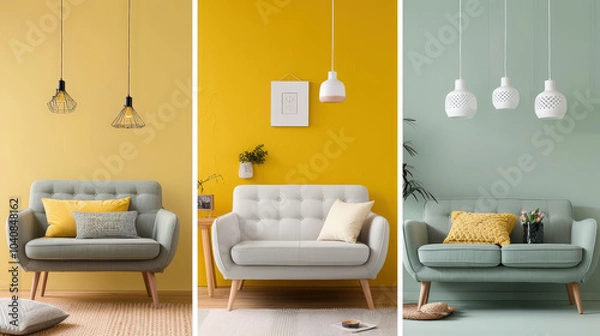 Fototapeta Soft mint sofas create cozy atmosphere against light yellow and green walls, complemented by stylish pendant lighting. This inviting space is perfect for relaxation