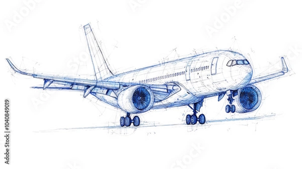 Fototapeta A digitally rendered, futuristic depiction of an aircraft with glowing elements, showcasing its design and structure against a dark background.