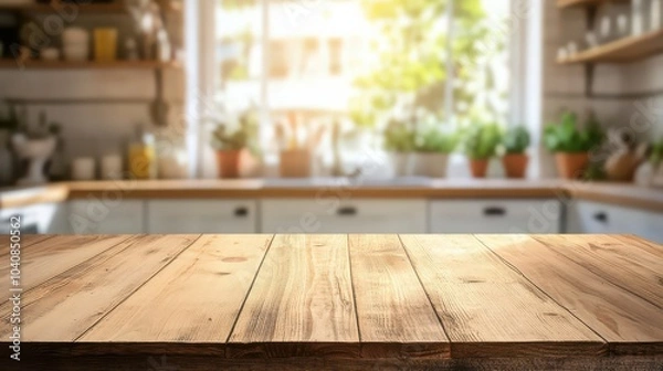 Fototapeta Green Empty wooden table with the bright white interior of the kitchen as a blurred background behind the bokeh golden sunshine 