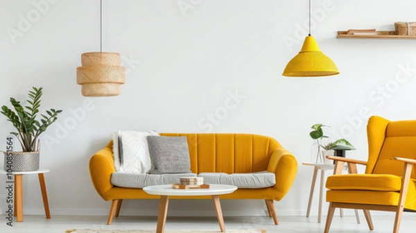 Fototapeta bright and inviting contemporary living room featuring yellow sofa, stylish pendant lights, and greenery. pastel shades create warm and cozy atmosphere