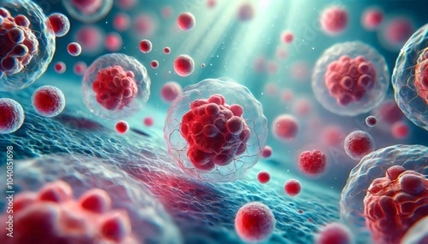 Fototapeta A highly detailed image showcasing cells at a microscopic level, with vibrant red clusters interacting on a surface, illuminated by beams of light