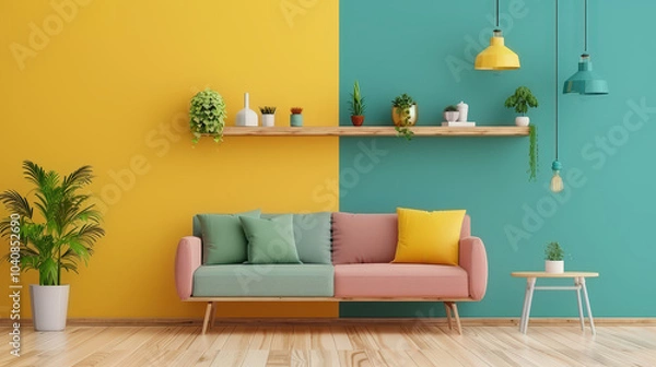 Fototapeta Cozy living room with soft pastel color palette featuring two tone wall, comfortable sofa, and decorative plants. vibrant colors create cheerful atmosphere