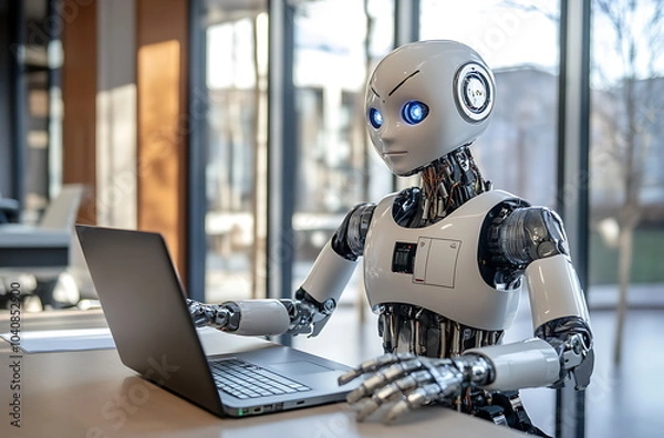 Fototapeta A humanoid robot sitting at an office desk, AI generated