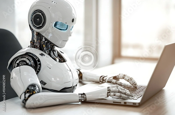 Fototapeta A humanoid robot sitting at an office desk, AI generated