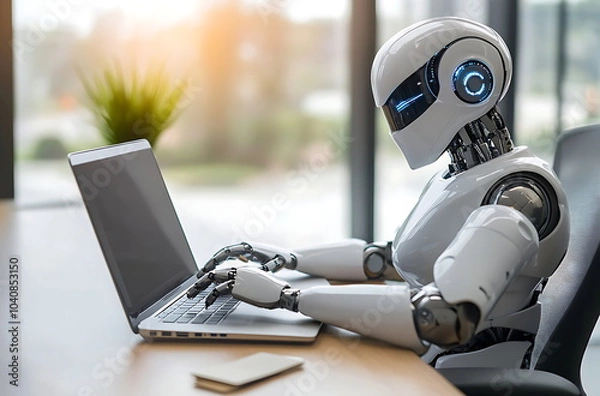 Fototapeta A humanoid robot sitting at an office desk, AI generated