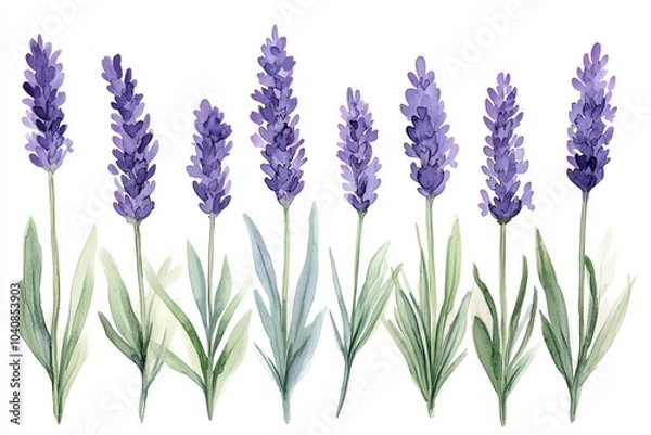 Fototapeta Watercolor illustration of lavender flowers in different stages of bloom, isolated on a white background.