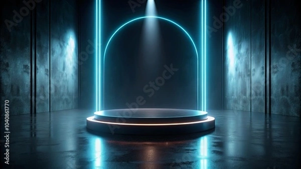 Fototapeta A futuristic platform illuminated by neon light, surrounded by textured concrete walls, creating a vibrant and captivating backdrop for the unknown