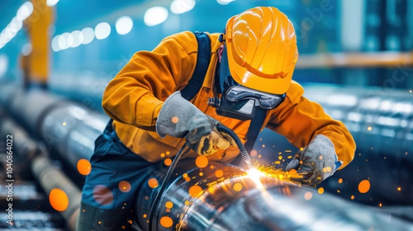 Fototapeta Welding on underwater steel pipeline, diver in protective gear works meticulously. sparks fly as welding process illuminates surroundings, showcasing precision and skill involved in this industrial