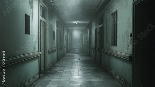 Obraz A Long, Dark, and Eerie Hallway in a Run-Down Building