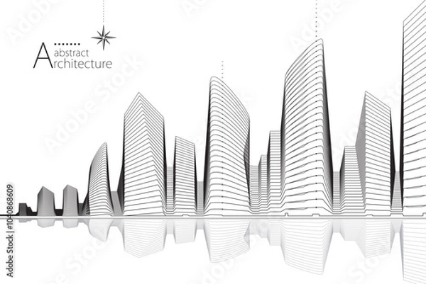 Fototapeta 3D illustration, abstract modern urban landscape line drawing, imaginative architecture building construction perspective design.