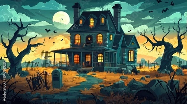 Fototapeta A Haunted House with a Full Moon and Dead Trees