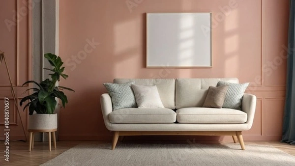 Fototapeta Elegant and Cozy Living Room Interior Featuring a Stylish Sofa and Lush Houseplant for Comfort