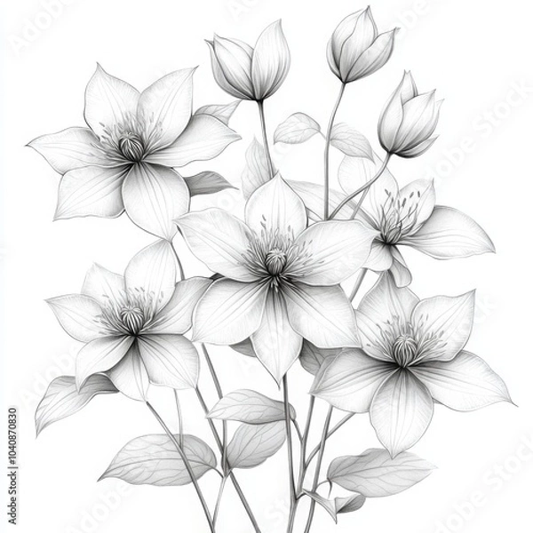 Fototapeta Detailed Black and White Line Drawing of Flowers