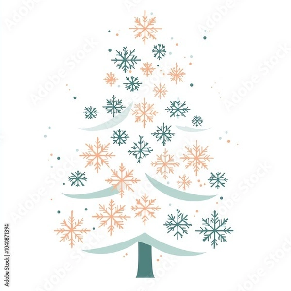Fototapeta Stylized Christmas tree adorned with colorful snowflakes on a white background.
