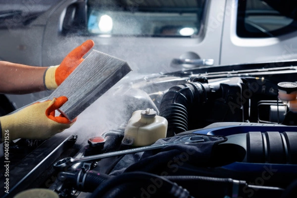 Fototapeta Maintenance of car air conditioning systems A mechanic holds a dusty car air filter to check for cleanliness, dirt, or repair heating problems or change the filter.