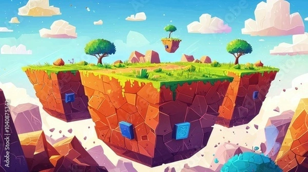 Obraz Floating Rock Formations with Green Grass and Trees in a Cartoon Style