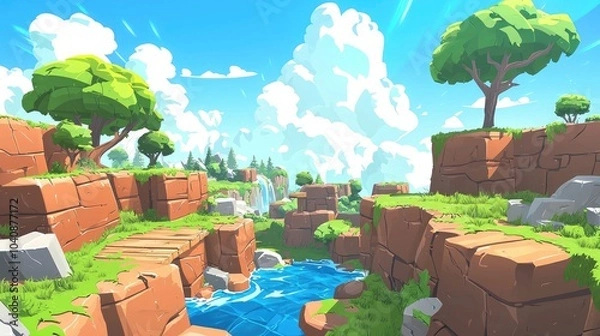 Fototapeta A Cartoon Landscape with a Waterfall, Cliffs, and a Winding Stream