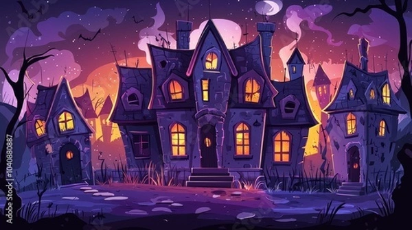 Obraz Haunted House with Glowing Windows on a Starry Night