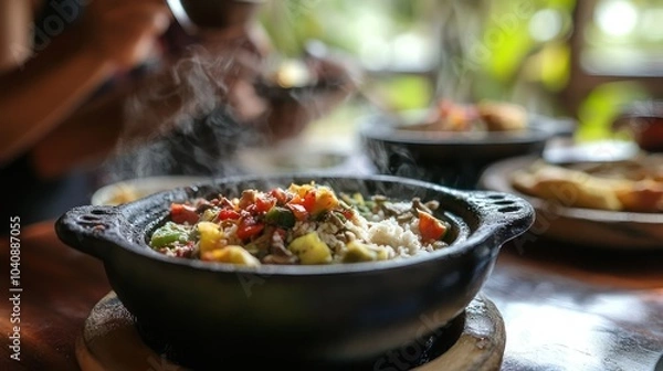 Fototapeta Steaming hot rice and vegetables in a black bowl on a wooden table.