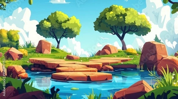 Fototapeta Stone Pathway Across a Tranquil Pond in a Lush Green Forest