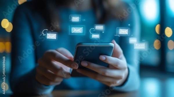 Fototapeta Woman engaging with mobile phone and social media applications, showcasing the power of digital connectivity