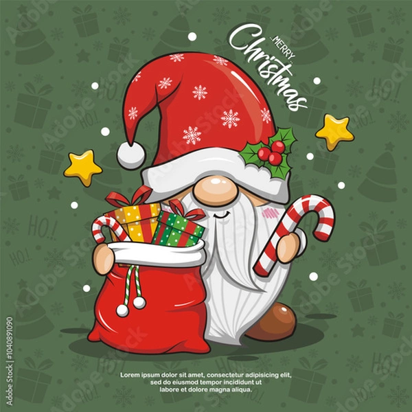 Obraz Cute Gnome Santa With Christmas Bag On Green Background. Cute Cartoon Illustration