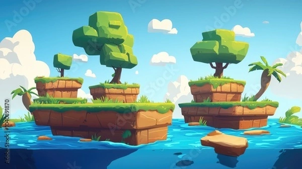 Fototapeta Three Floating Islands with Trees and Lush Grass in a Blue Sky