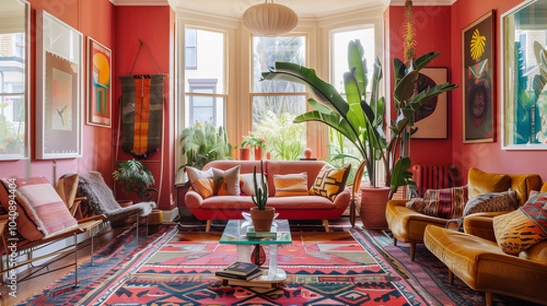 Fototapeta Eclectic living room with mismatched furniture, a patterned rug, bold artwork on the walls, and a tall plant in front of a bay window.
