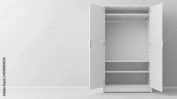 Fototapeta Empty White Wardrobe: A minimalist design with an open white wardrobe against a blank wall, ideal for showcasing products, promoting organization, or emphasizing a fresh start. 